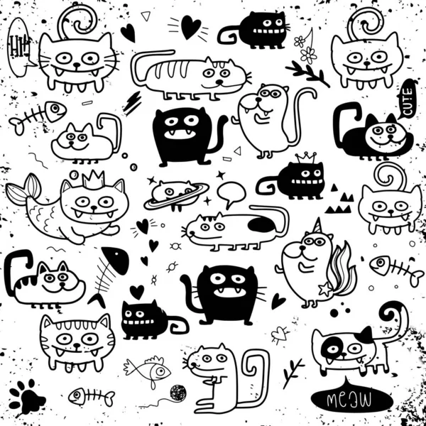 Activiteiten Grappige Doodle Katten Set Vector Hand Getekend Illustratiepatroon — Stockvector