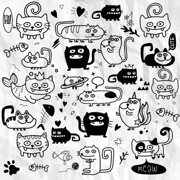 Aktiviteter Roliga Doodle Cats Set Vektor Hand Tecknad Illustration Mönster — Stock vektor