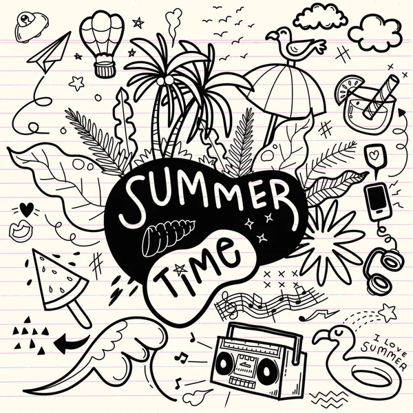 Summer Beach Hand Drawn Vector Funny People Objects Hand Drawn - Stok Vektor