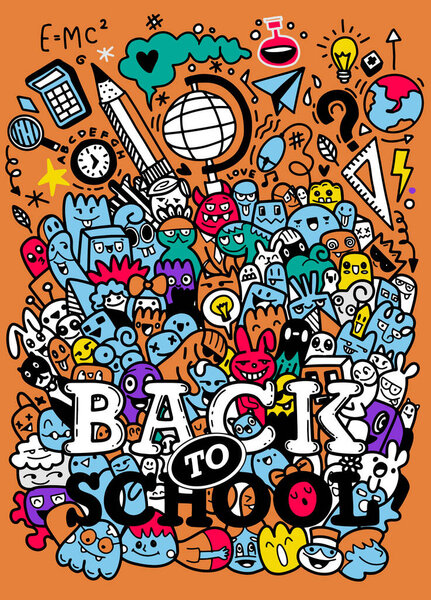 Concept of education. School background with hand drawn school supplies and comic speech bubble with  Back to School lettering in pop art style