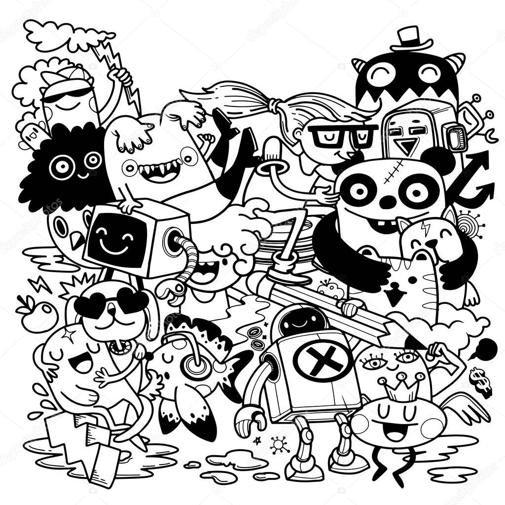 Creativity Activities Funny Doodle Cartoon Set . Vector Hand Drawn Illustration Pattern.