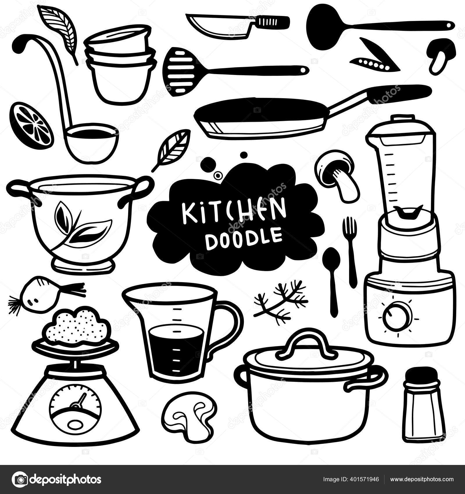 Drawing Kitchen Utensils, Doodle Kitchen Items