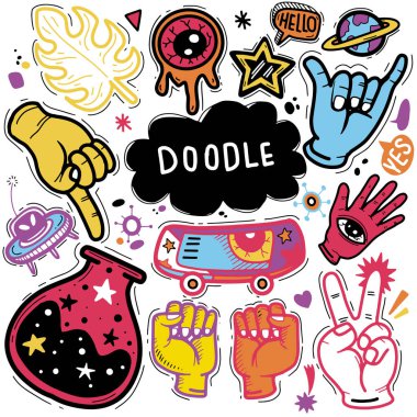 Doodle setinin El Çizimi Vektör İllüstrasyonu, çizim çizimi, Düz Tasarım
