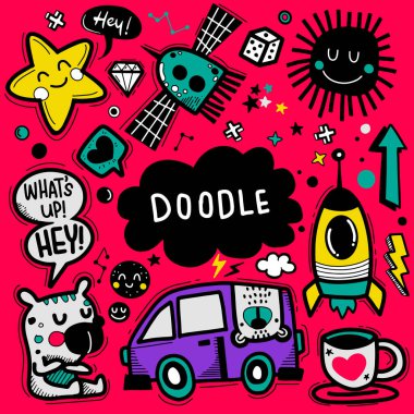 Çıkartma simgeleri el çizimi karalama, Doodle 'ın El Çizimi Vektör İllüstrasyonu, çizim çizimi araçları, Düz Tasarım