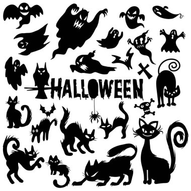 Ürkütücü cadılar bayramı hayaleti ve siyah kedi siluetleri, çizimler şablonu. Vektör tasarımı