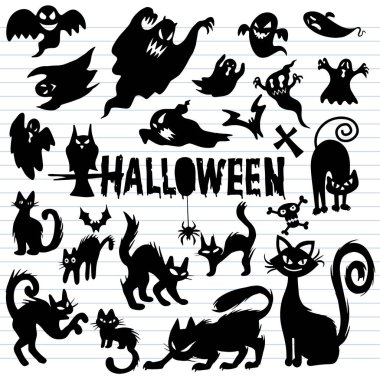 Ürkütücü cadılar bayramı hayaleti ve siyah kedi siluetleri, çizimler şablonu. Vektör tasarımı