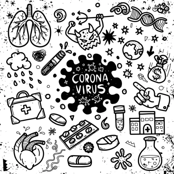 Vector Illustration Doodle Cute Covid Corona Virus Doodle Element Infographic — Stock Vector