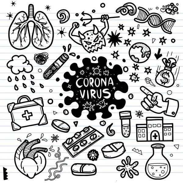 Vector Illustration Doodle Cute Covid Corona Virus Doodle Element Infographic — Stock Vector