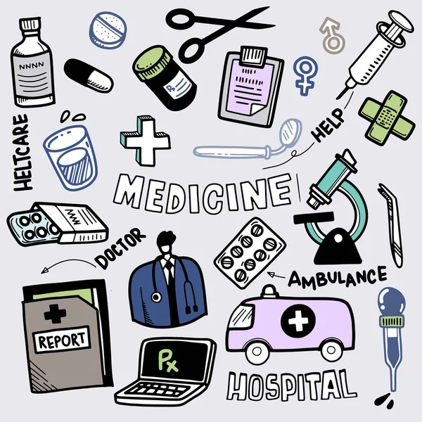 Icono Médico Set Line Iconos Icono Médico Engastado Estilo Doodle — Archivo Imágenes Vectoriales