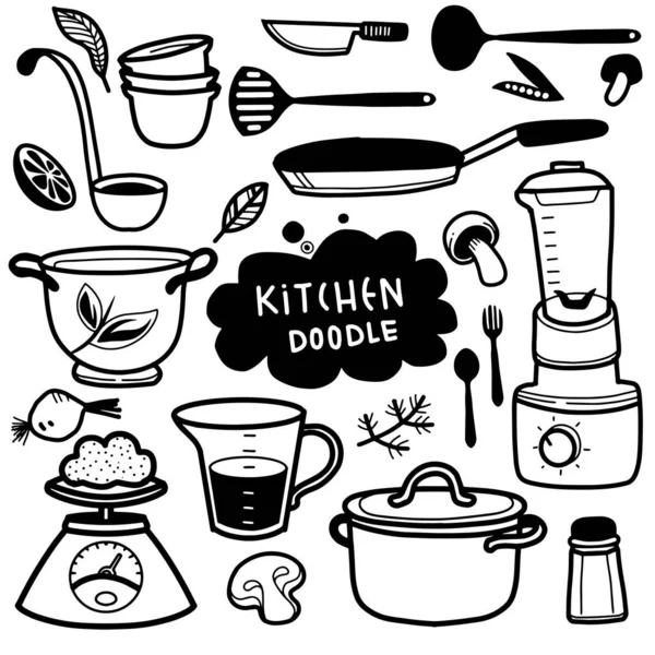 Набір Кухонного Посуду Каракулі Малюнок Рук Векторна Ілюстрація Набору Doodle — стоковий вектор
