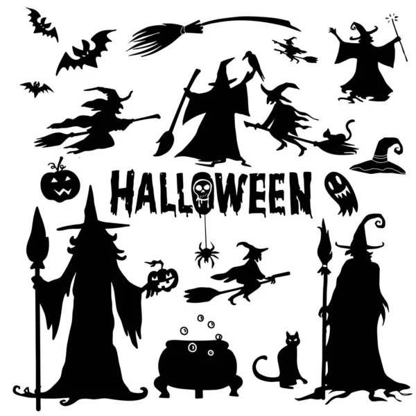 Siluety Halloweenu Čarodějnice Dýně Netopýr Pavouk Halloweenská Párty Samolepku Trick — Stockový vektor