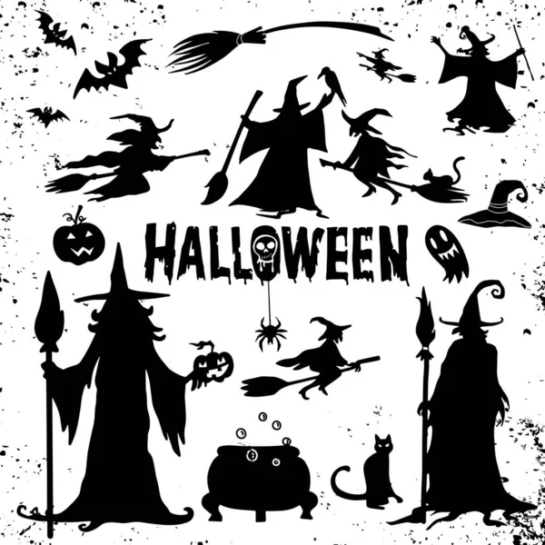 Хэллоуинские Силуэты Ведьма Тыква Бита Паук Хэллоуинская Вечеринка Наклейка Кошелек — стоковый вектор
