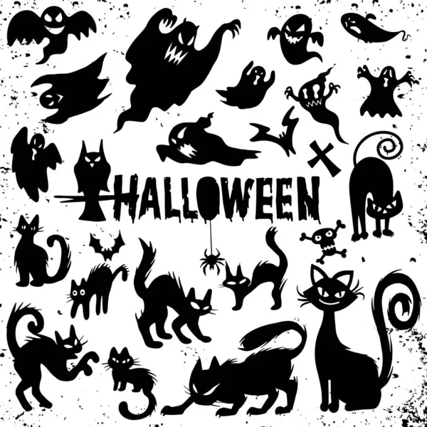 Griezelige Halloween Geest Zwarte Kat Silhouetten Illustraties Sjabloon Vectorontwerp — Stockvector