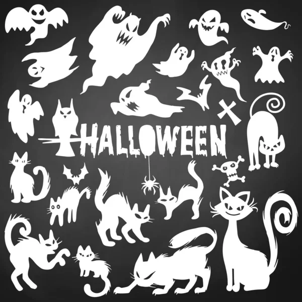 Fantasma Halloween Espeluznante Siluetas Gato Negro Plantilla Ilustraciones Diseño Vectorial — Vector de stock
