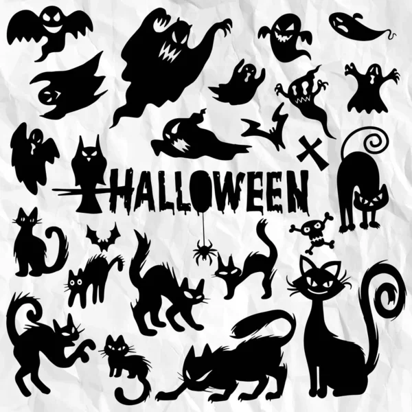 Griezelige Halloween Geest Zwarte Kat Silhouetten Illustraties Sjabloon Vectorontwerp — Stockvector