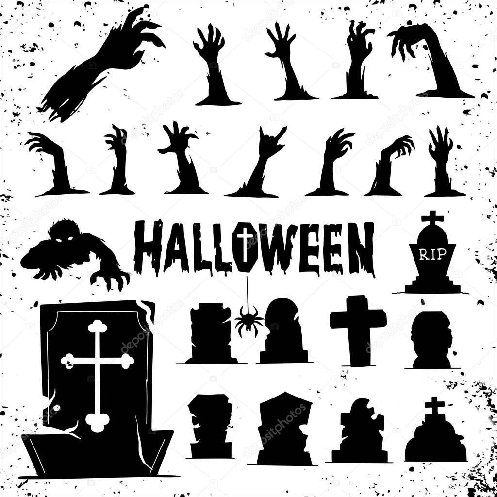 Zombie hands and Graveyard silhouettes.  Illustrations template. Vector design