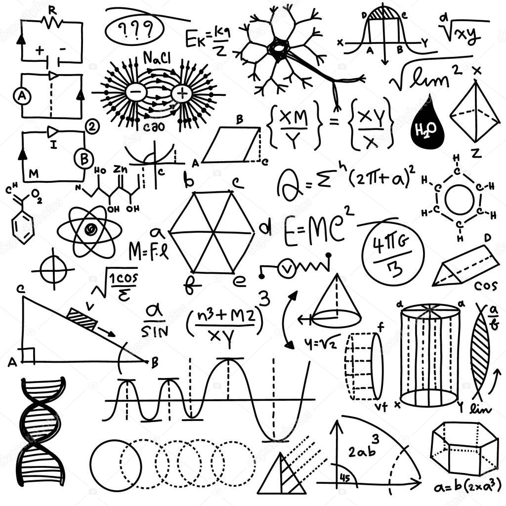 Mathematical scientific pattern with geometry plots, formulas and calculations