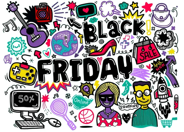 Black Friday Sale Hand Lettering Doodles Elements Background Vector Hand — Stock Vector