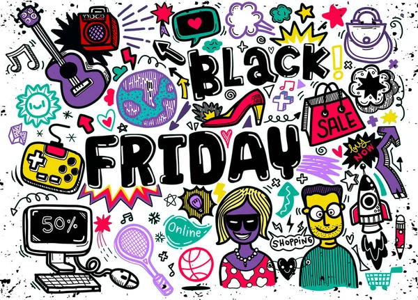 Black Friday Sale Hand Lettering Doodles Elements Background Vector Hand — Stock Vector