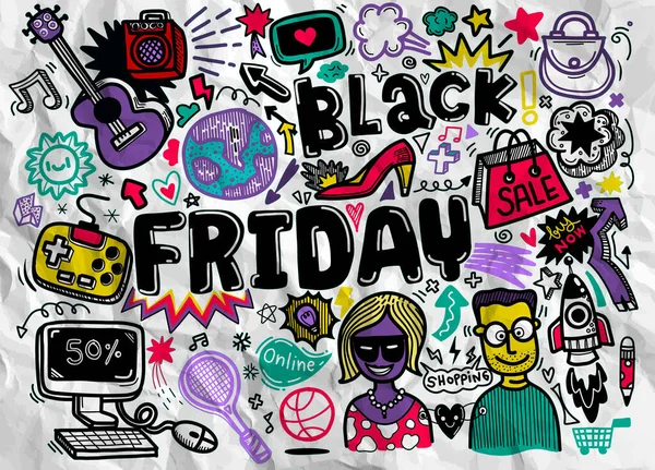 Black Friday Sale Hand Lettering Doodles Elements Background Vector Hand — Stock Vector