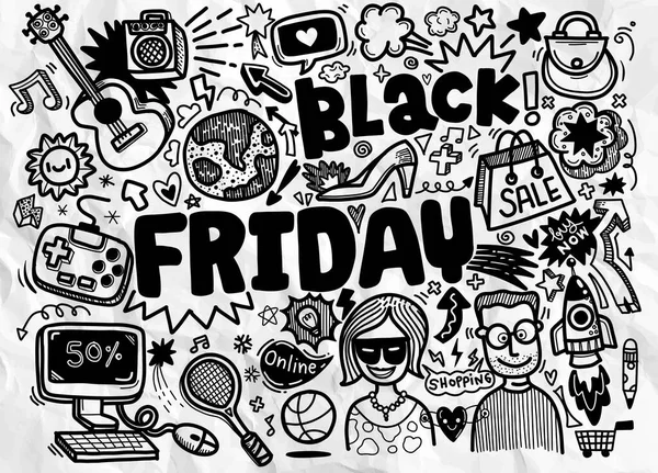 Black Friday Sale Hand Lettering Doodles Elements Background Vector Hand — Stock Vector