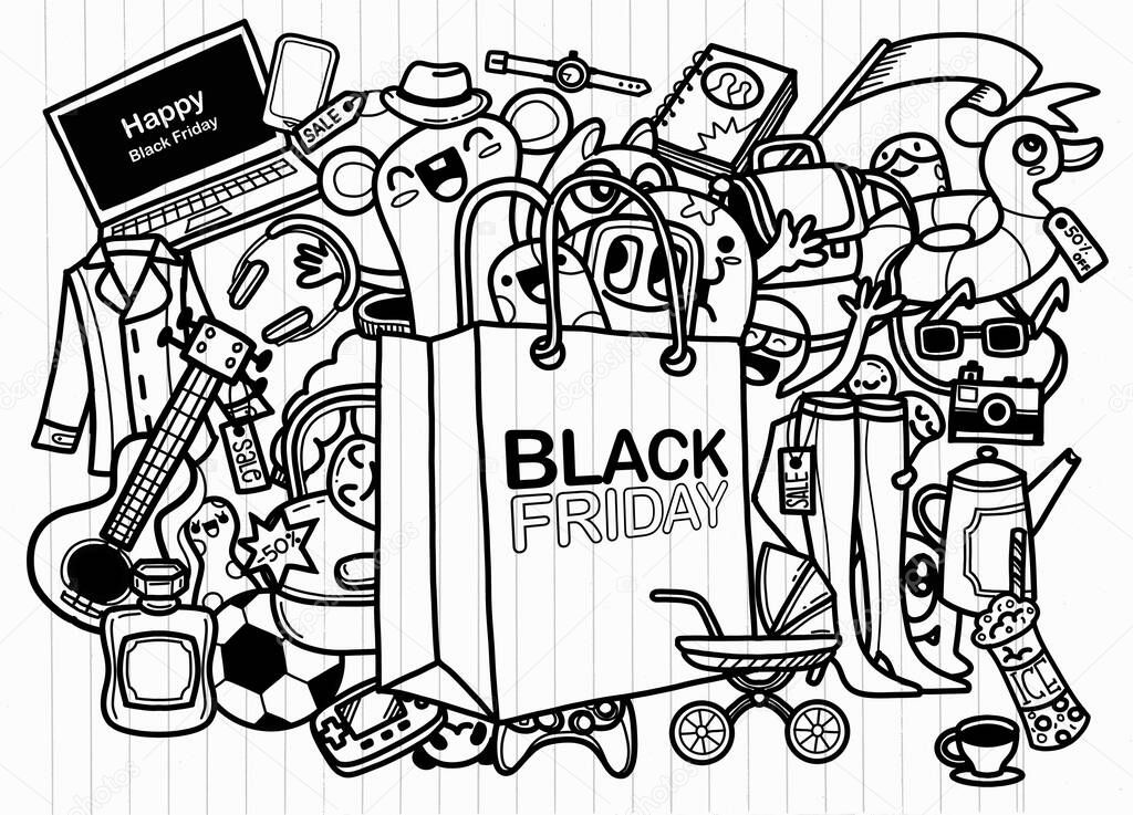 Black Friday sale hand lettering and doodles elements background. Vector hand drawn illustration