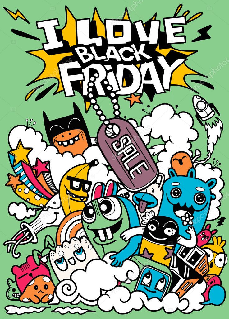 Black Friday sale hand drawn vector concept illustration.Black Friday sale hand lettering and doodles elements and symbols background. Vector hand drawn illustration