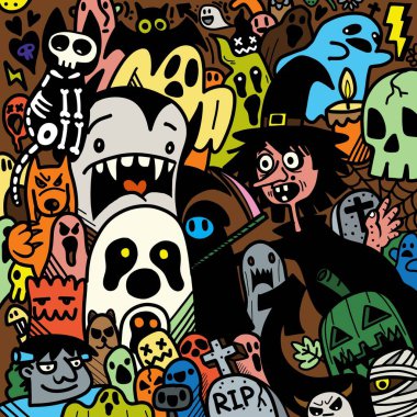 Cadılar Bayramı illüstrasyonunuz kutlu olsun, kurt adam, ürkütücü, vampir ve cadı hayaletin etrafında mutlu cadılar bayramı unsurları..