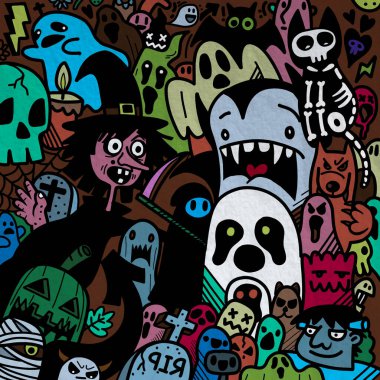 Cadılar Bayramı illüstrasyonunuz kutlu olsun, kurt adam, ürkütücü, vampir ve cadı hayaletin etrafında mutlu cadılar bayramı unsurları..