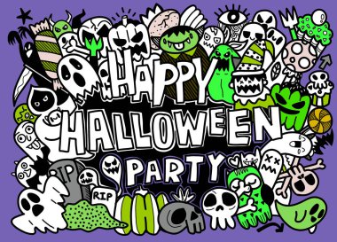 vektör el çizilmiş Doodle çizgi film koleksiyon seti Cadılar Bayramı hakkında komik ikon