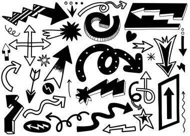 Farklı bir ok setinden el çizimi. Farklı siyah yön simgeleri, web tasarımı, mobil uygulamalar, arayüz ve diğer tasarım için vektör illüstrasyon koleksiyonu, her biri ayrı bir katmanda.