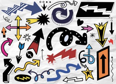 Farklı bir ok setinden el çizimi. Farklı siyah yön simgeleri, web tasarımı, mobil uygulamalar, arayüz ve diğer tasarım için vektör illüstrasyon koleksiyonu, her biri ayrı bir katmanda.