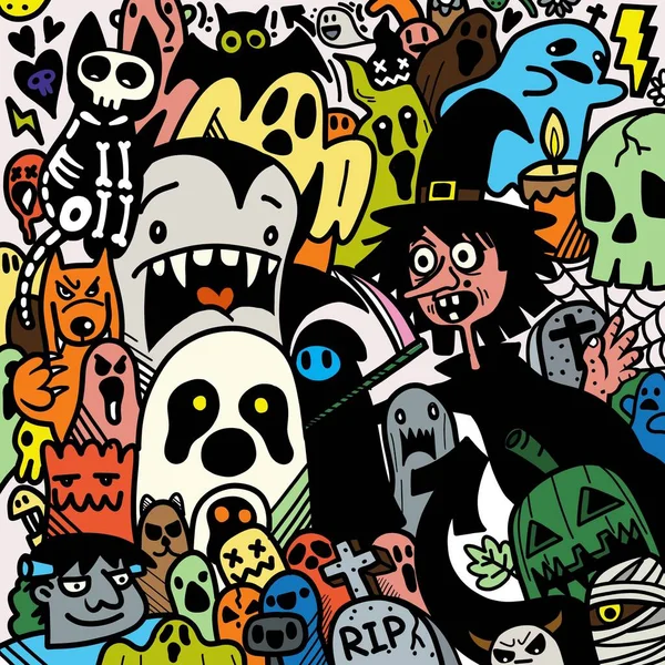Καλή Halloween Εικονογράφηση Wolfman Τρομακτικό Βαμπίρ Και Μάγισσα Γύρω Από — Διανυσματικό Αρχείο