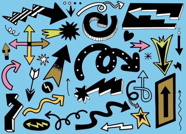 Set Disegnato Mano Frecce Diverse Diverse Icone Direzionali Nere Raccolta — Vettoriale Stock