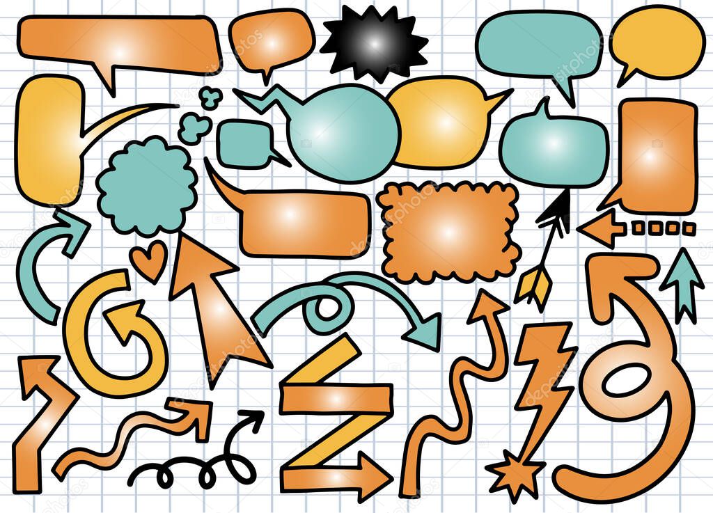 Hand drawn set of different speech bubble sand Arrows ,Stickers of  bubbles and Arrow vector set , Retro Set of Comics Speech and Bubbles Cartoon Vectorr, Each on a separate layer.