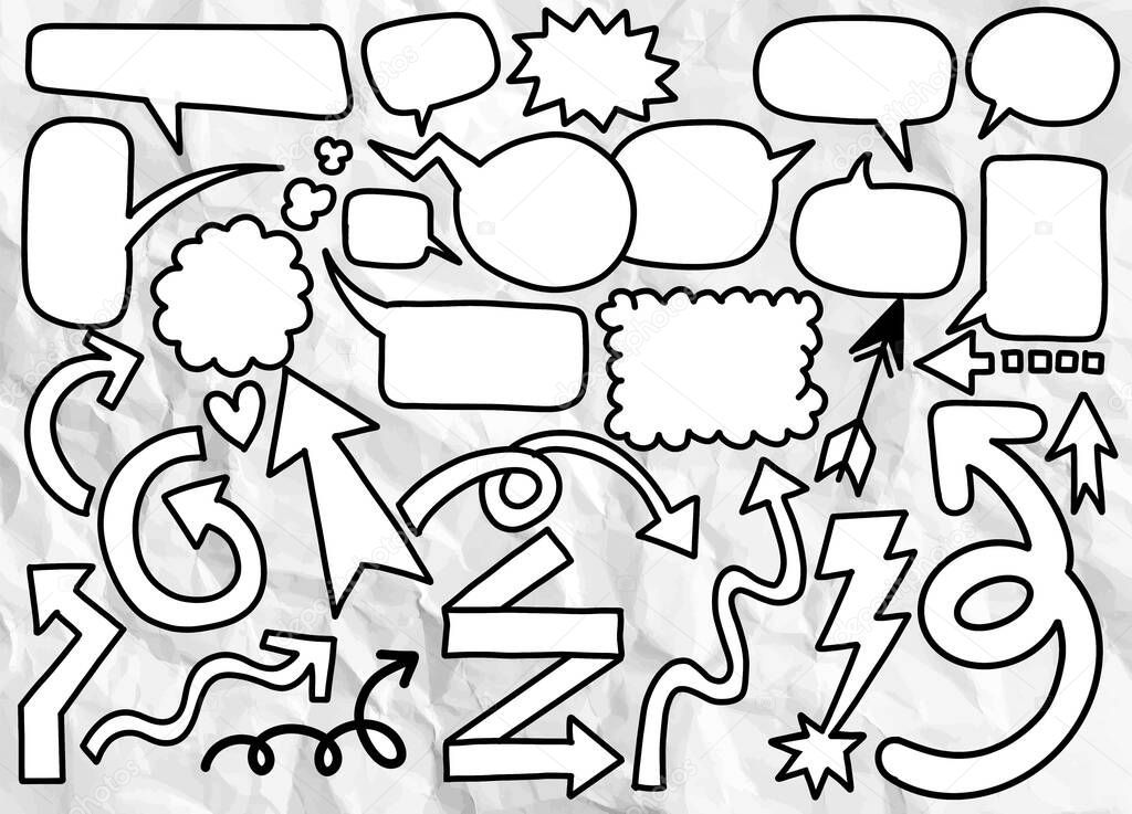 Hand drawn set of different speech bubble sand Arrows ,Stickers of  bubbles and Arrow vector set , Retro Set of Comics Speech and Bubbles Cartoon Vectorr, Each on a separate layer.