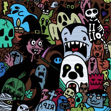  İllüzyon, Mutlu Cadılar Bayramı illüstrasyonları, kurt adam, ürkütücü, vampir ve cadı hayaleti çevreleyen mutlu cadılar bayramı unsurları..