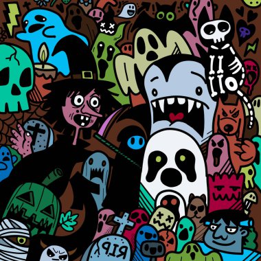  İllüzyon, Mutlu Cadılar Bayramı illüstrasyonları, kurt adam, ürkütücü, vampir ve cadı hayaleti çevreleyen mutlu cadılar bayramı unsurları..