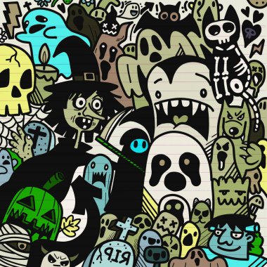  İllüzyon, Mutlu Cadılar Bayramı illüstrasyonları, kurt adam, ürkütücü, vampir ve cadı hayaleti çevreleyen mutlu cadılar bayramı unsurları..