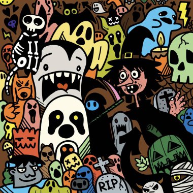  İllüzyon, Mutlu Cadılar Bayramı illüstrasyonları, kurt adam, ürkütücü, vampir ve cadı hayaleti çevreleyen mutlu cadılar bayramı unsurları..