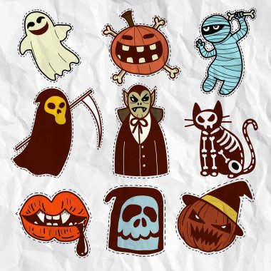  İllüzyon, Cadılar Bayramı ikonu seti. El yapımı vektör çizimi Cadılar Bayramı partisi, posterler, tebrik kartları, moda tasarımı için kullanılabilir.