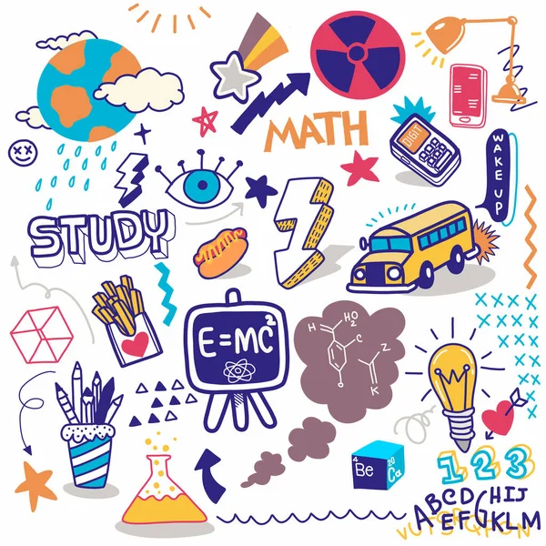 Illustratie Schattige Handgetekende Krabbels School Clipart Doodle School Pictogrammen Symbolen — Stockfoto