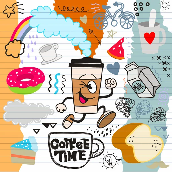 Illustrazione Carino Scarabocchi Disegnati Mano Caffè Tempo Scarabocchio Disegno Collection — Foto Stock