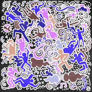  İllüstrasyon, güzel el çizimi karalamalar, Doodle stili çizimler. Kapak Tasarımı İçin Komik İnsanlar Grubu..