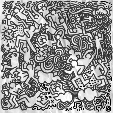  İllüstrasyon, güzel el çizimi karalamalar, Doodle stili çizimler. Kapak Tasarımı İçin Komik İnsanlar Grubu..