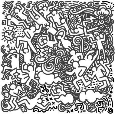 İllüstrasyon, güzel el çizimi karalamalar, Doodle stili çizimler. Kapak Tasarımı İçin Komik İnsanlar Grubu..