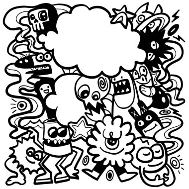 Şeffaflık içeren bir boyama kitabı sayfası kaprisli canavar karalamaları ve oyuncu ifadeler içeriyor.