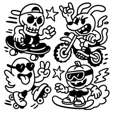 Şeffaflığı olan bir boyama kitabı sayfasında eğlenceli iskelet köpek hayaletleri ve balkabağı karakterleri yer almaktadır.