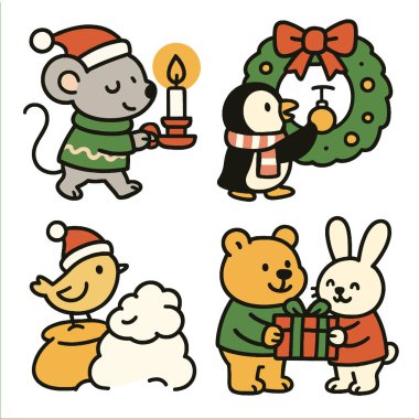 Bir Noel hayvan çizgi filmi, fare mumu, penguen çelengi, kuş şapkası, ayı tavşan hediyesi.