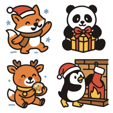 Şirin bir tilki, panda, ren geyiği ve penguen Noel temalı, neşeli bir kış karikatürü tarzı